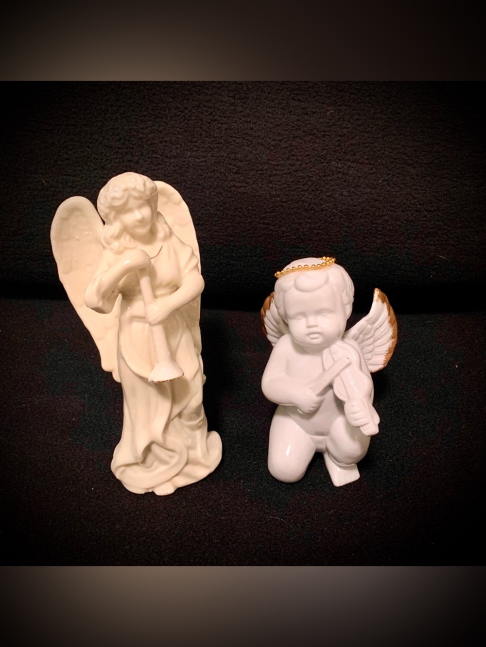 🔍Vintage White Angel Figurine Bundle (2) – Horn & Violin Angels